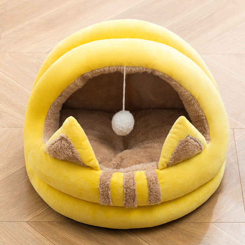 Nuopets Cat Bed House Cave Hooded with dangling cat toy ball