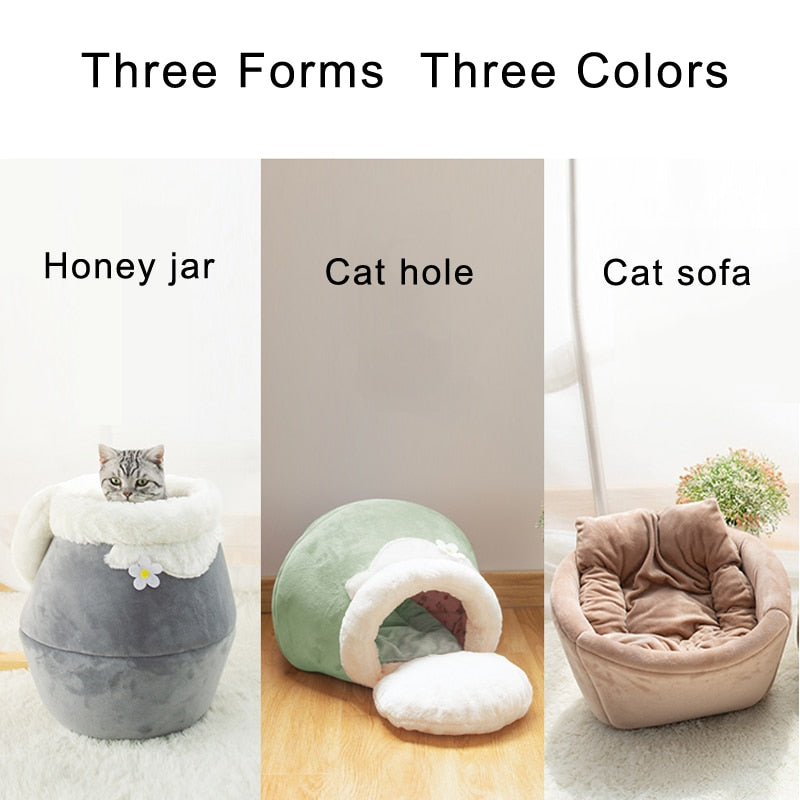 Cat Bed Plush Soft Portable Foldable Cute Cat House Cave