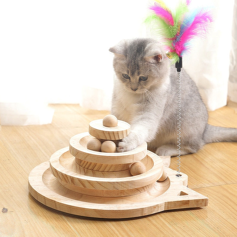 Wooden Pet Cats Toys Loop Track with Wooden Balls Three-layer Scraper Board