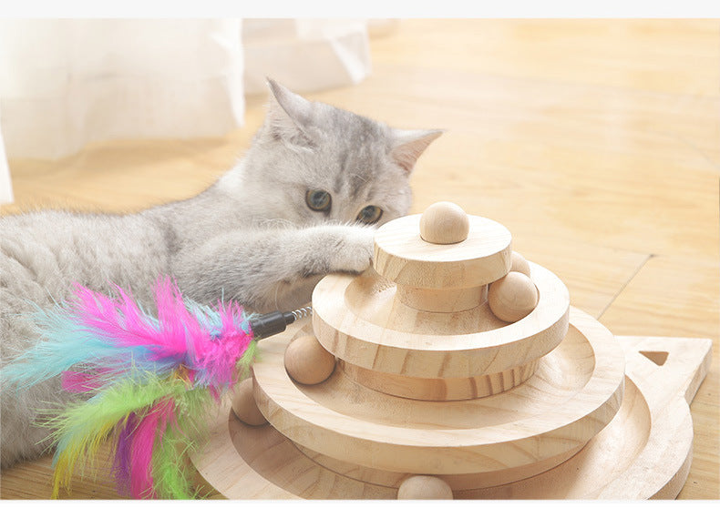 Wooden Pet Cats Toys Loop Track with Wooden Balls Three-layer Scraper Board